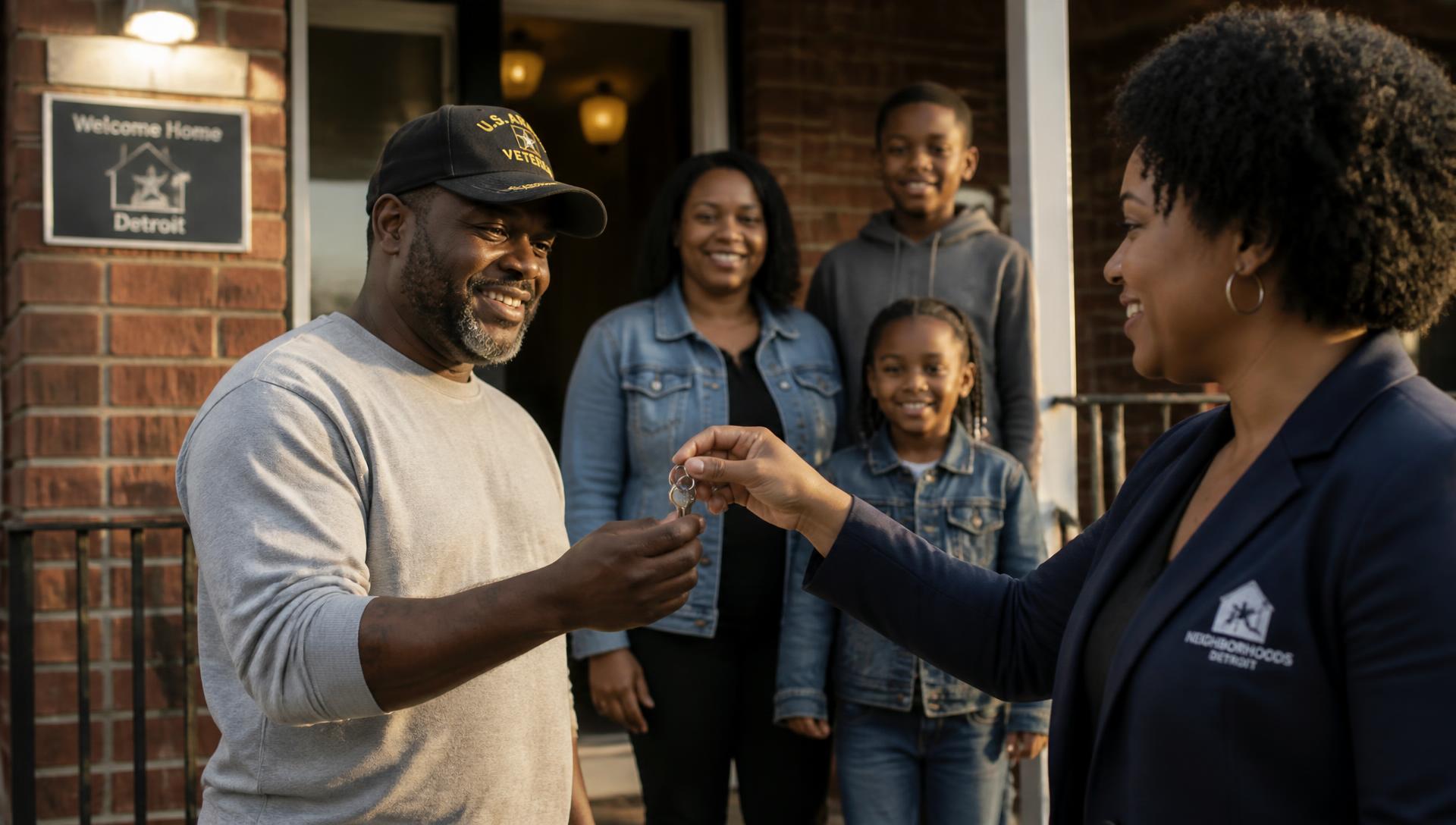 A veteran receiving the keys to a newly renovated Detroit home while his family celebrates